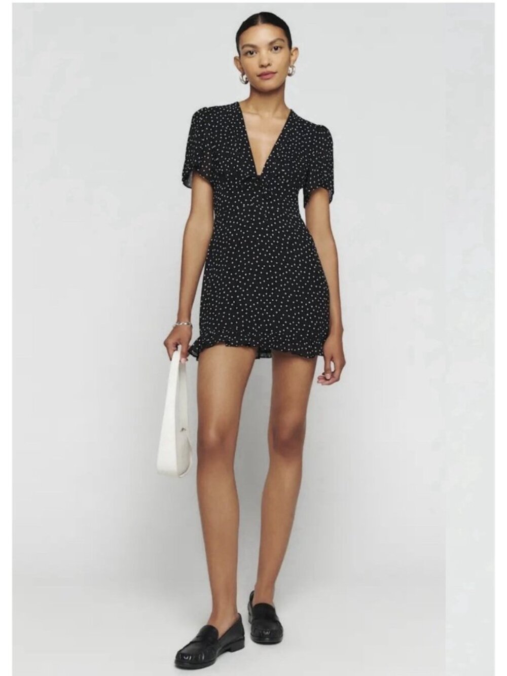 Reformation Mya Black White Polka Dot Mini Dress V-Neck - Picture 3 of 9